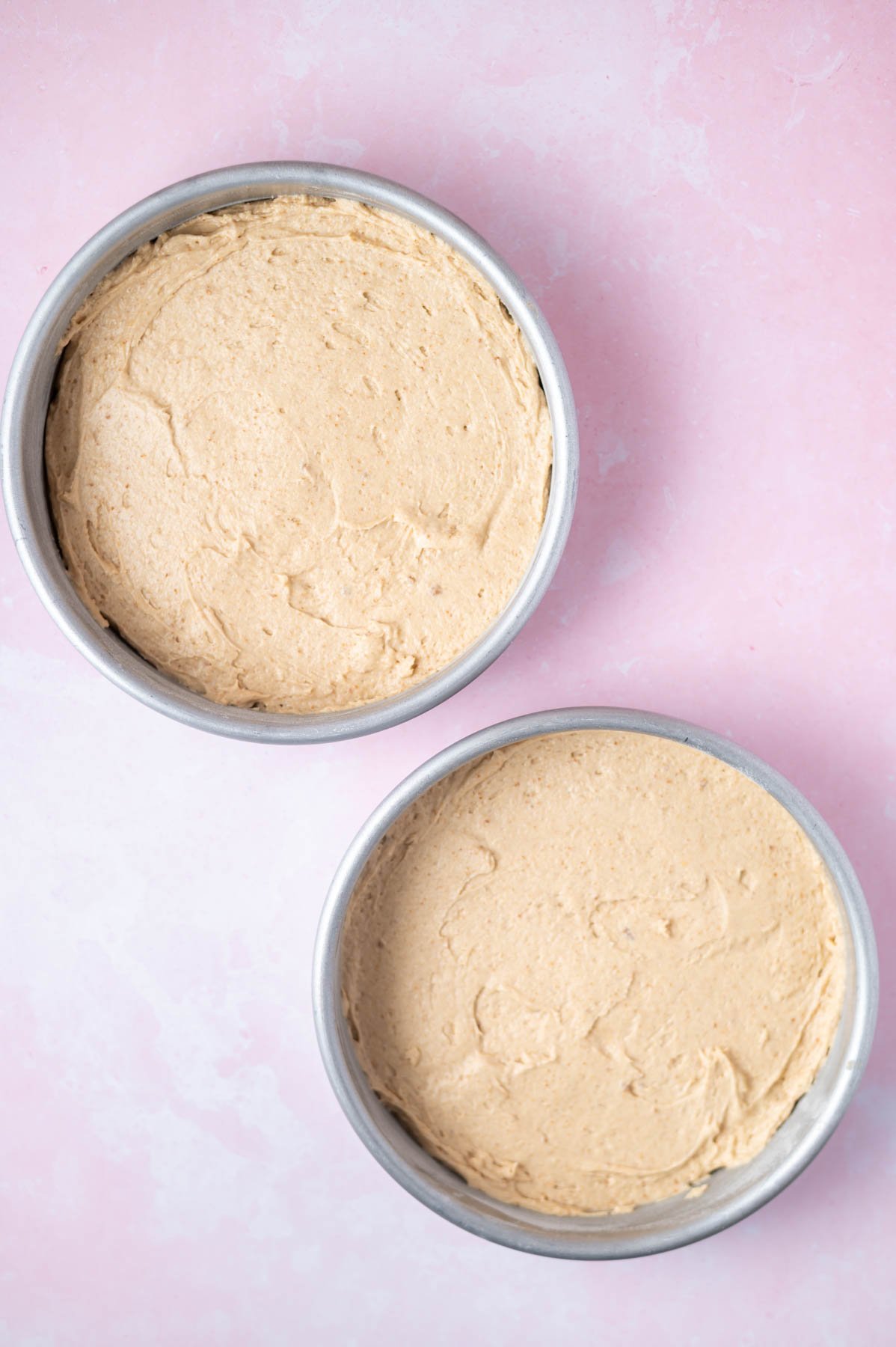 unbaked cake batter in round. baking pans