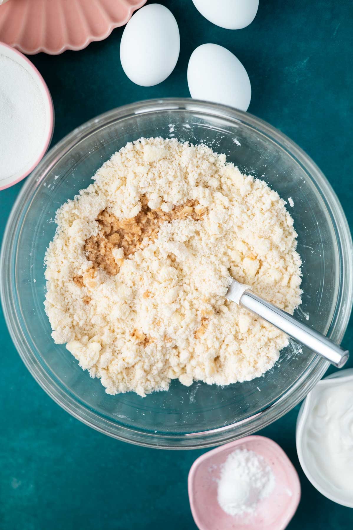 shortbread crust ingredients with vanilla in a bowl