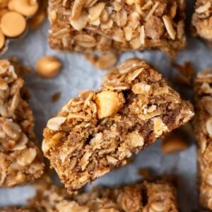 overhead look at soft and chewy inside texture of butterscotch oatmeal bars
