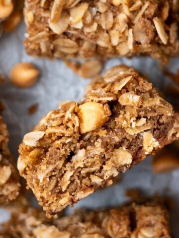 overhead look at soft and chewy inside texture of butterscotch oatmeal bars