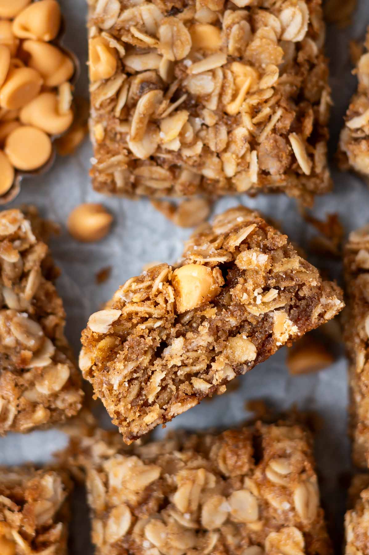 overhead look at soft and chewy inside texture of butterscotch oatmeal bars