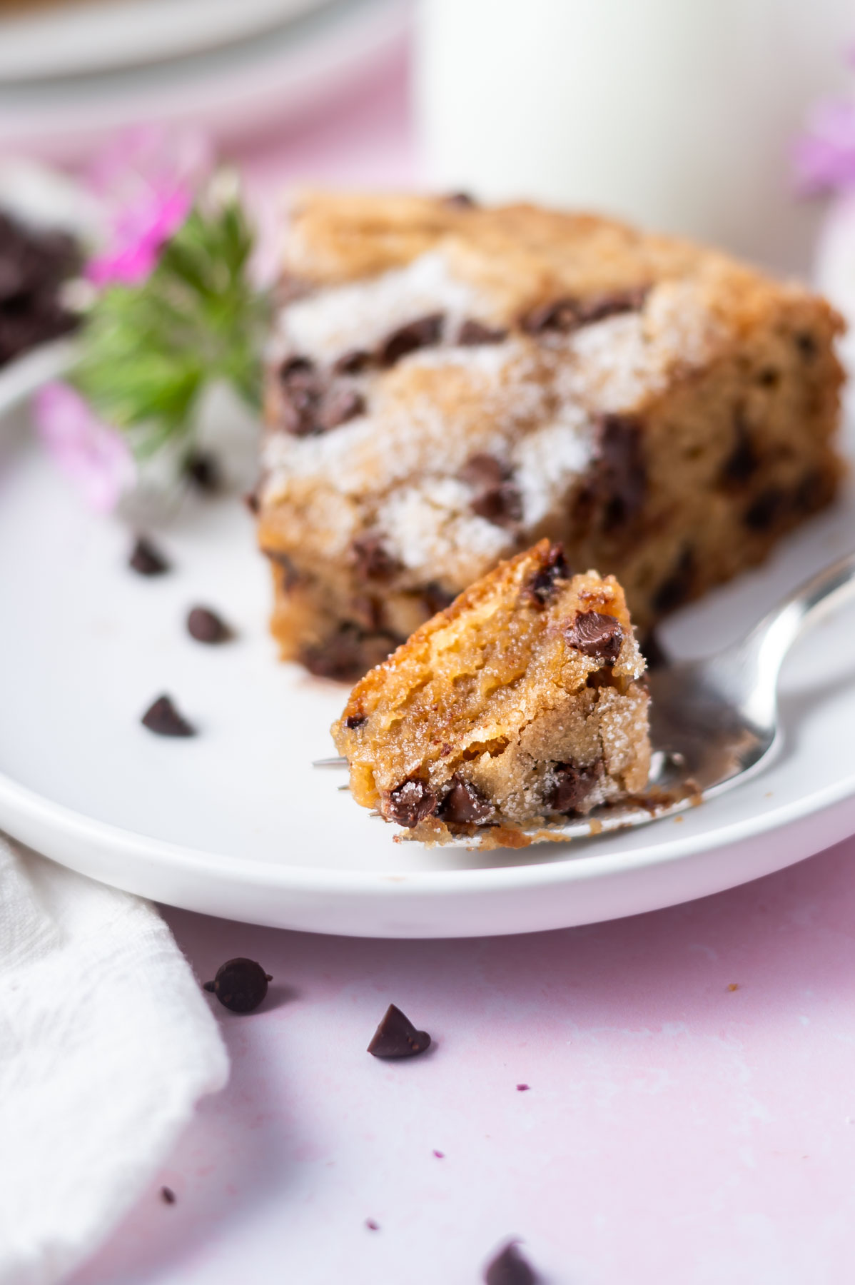 piece of chocolate chip snack cake on a fork