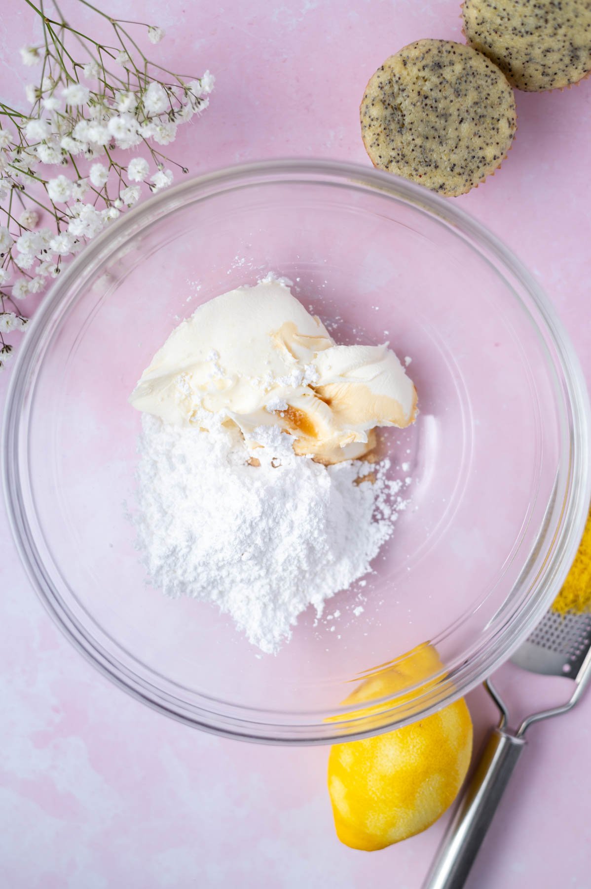 lemon mascarpone frosting ingredients in a bowl