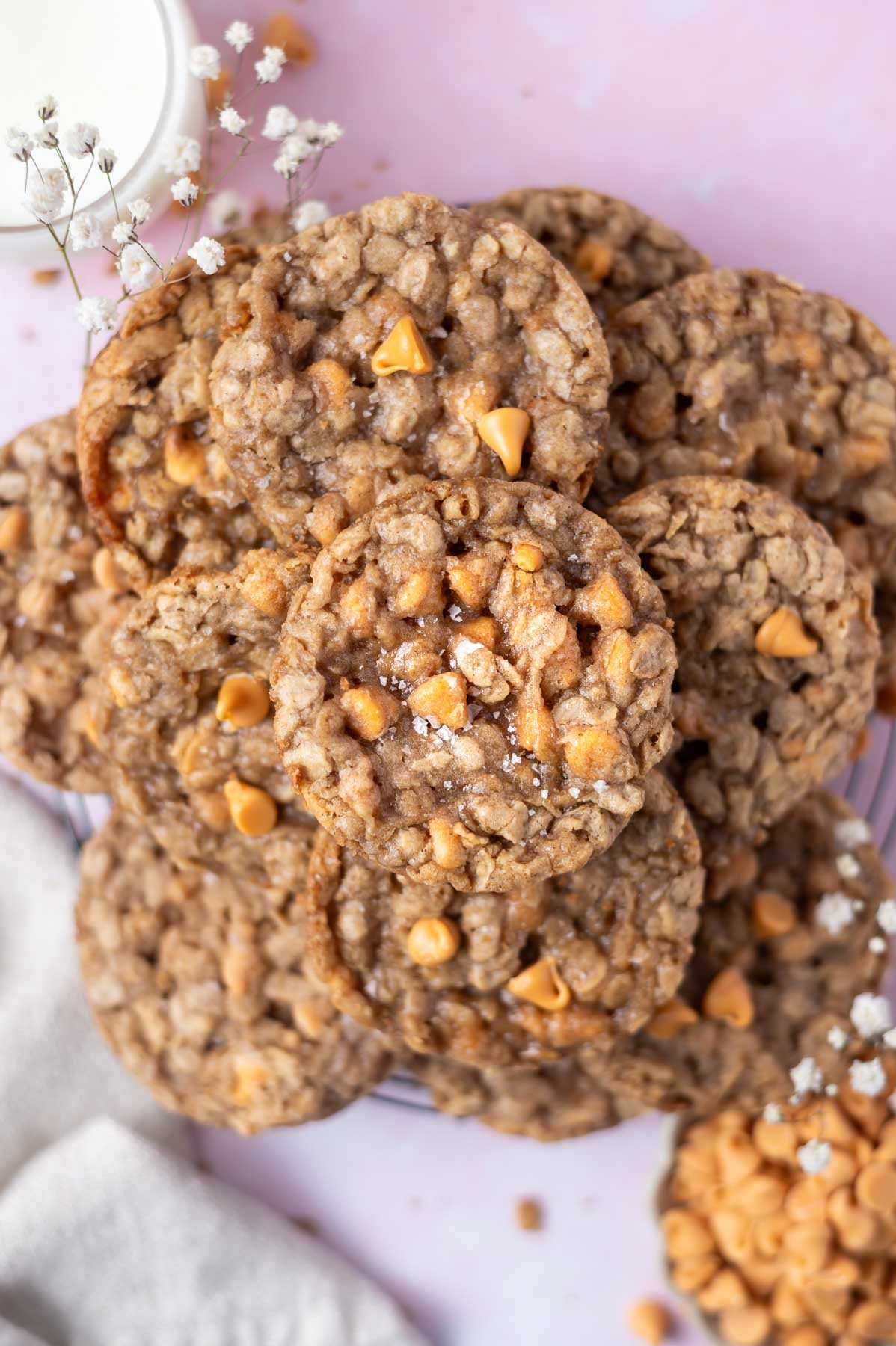 overhead look at a pile of oatmeal butterscotch cookies