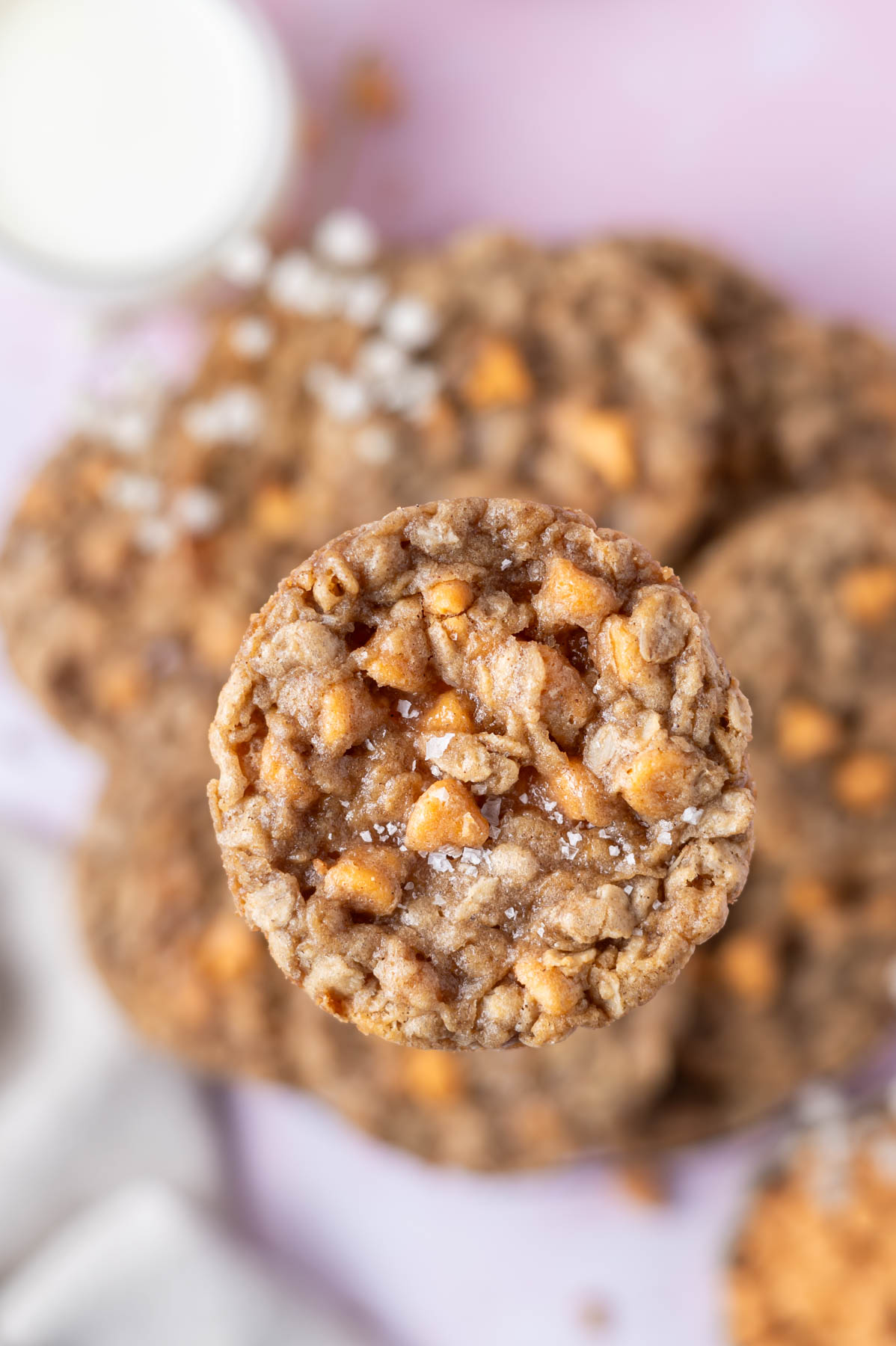 overhead look at a salted oatmeal butterscotch cookie