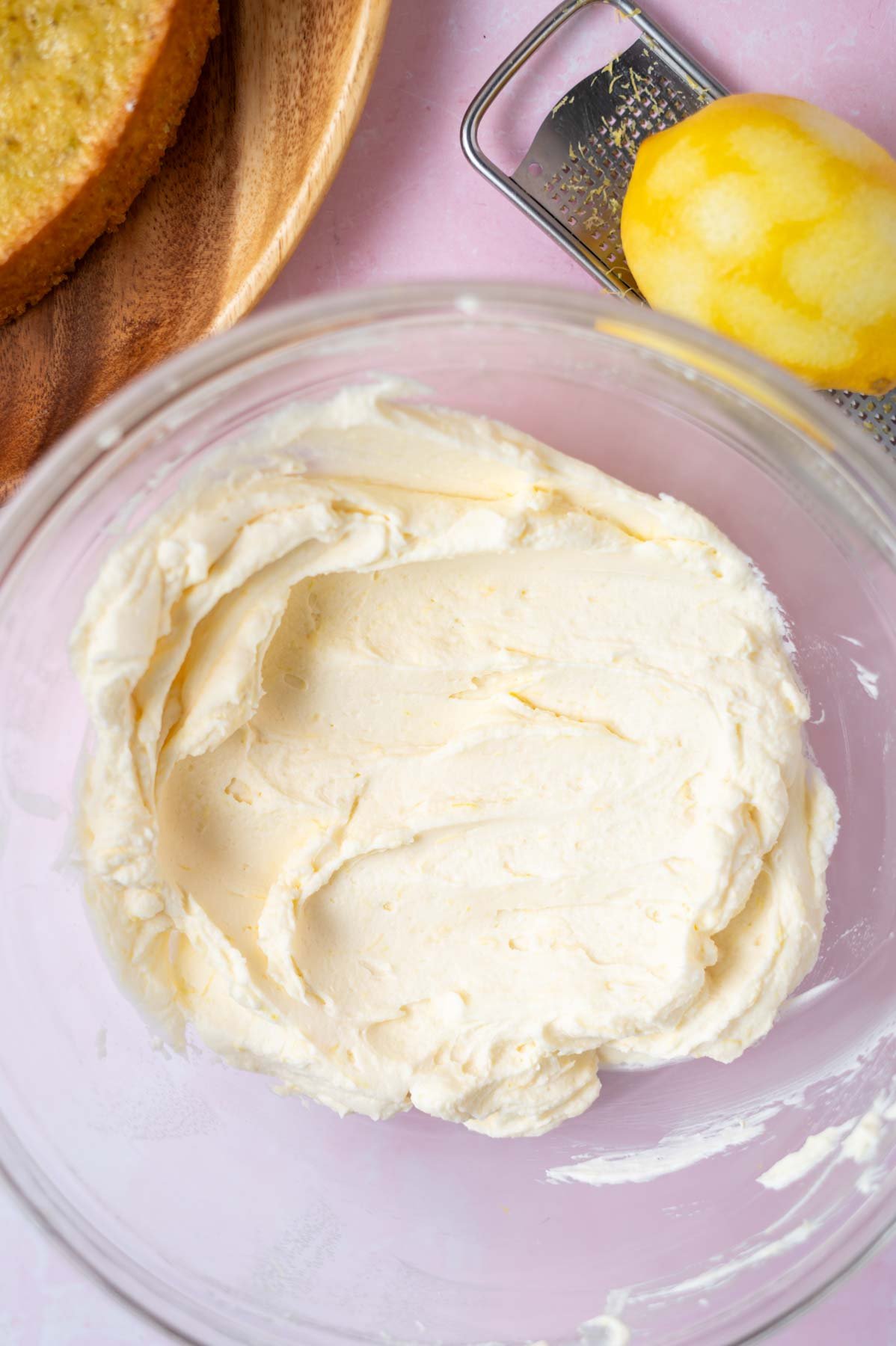 lemon mascarpone frosting in a glass bowl