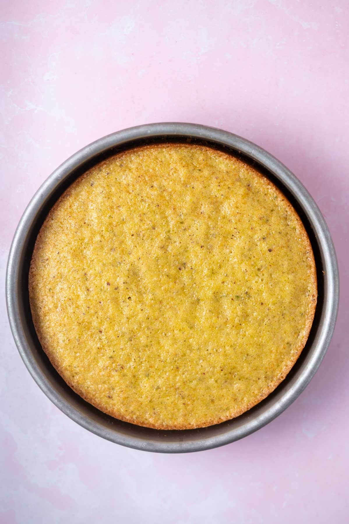 baked cake in a round cake pan