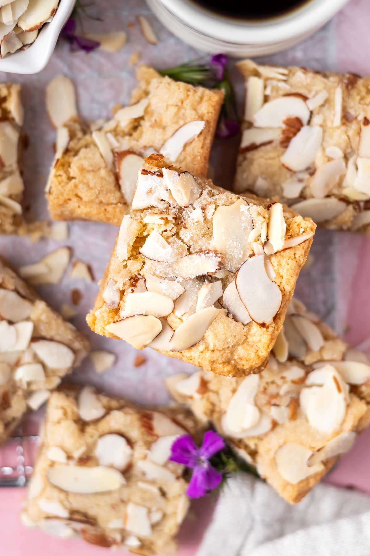 overhead look at blondies with sugared sliced almond tops