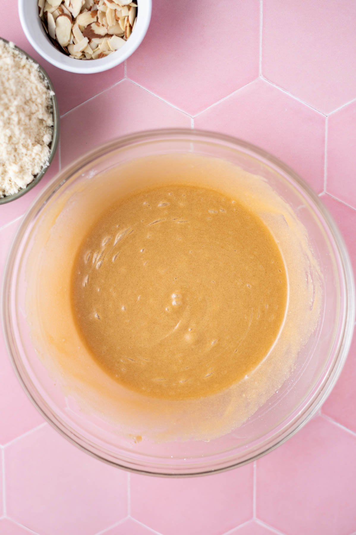 baking powder and cornstarch mixed into wet blondie ingredients in a bowl