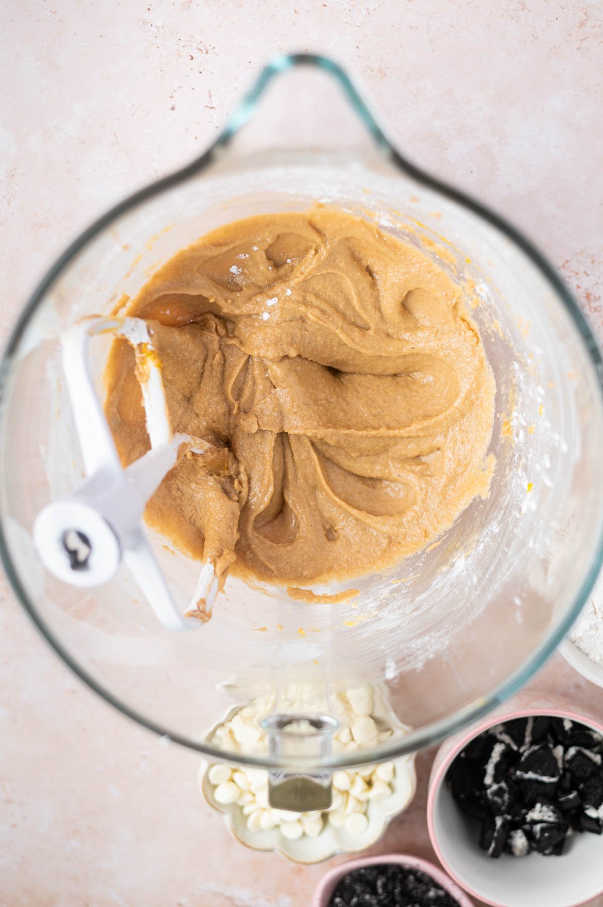 cookie dough in a mixing bowl before the flour and mixins are added