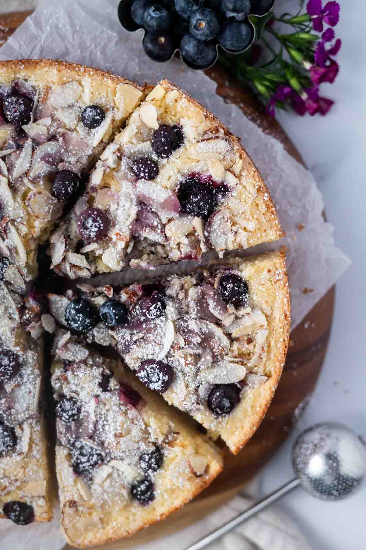 overhead look at slices of blueberry almond cake