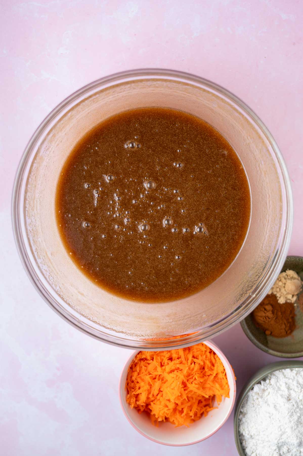 brown sugar, melted butter, eggs and vanilla whisked together in a glass bowl