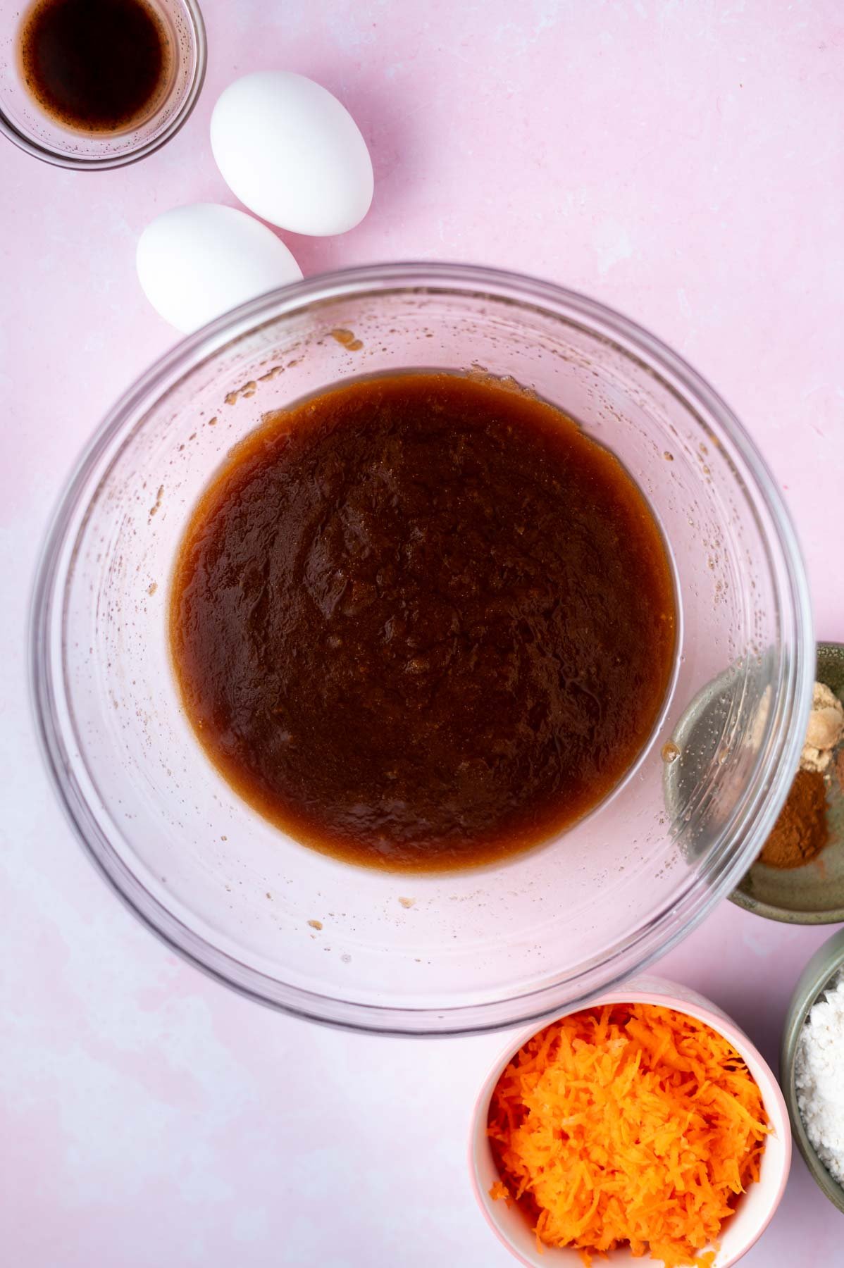 brown sugar and melted butter whisked together in a glass bowl