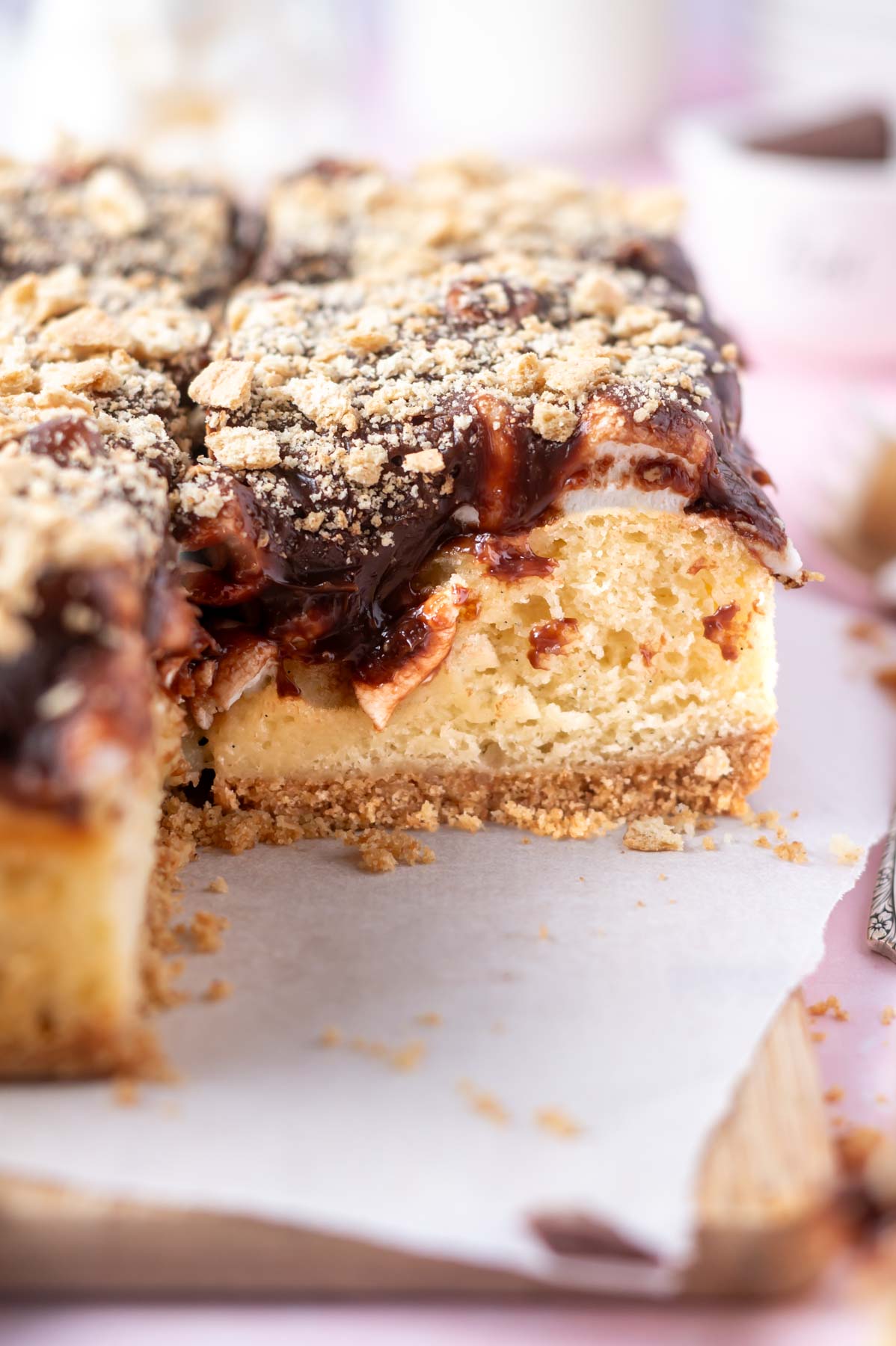 cake slice on a parchment lined cutting board