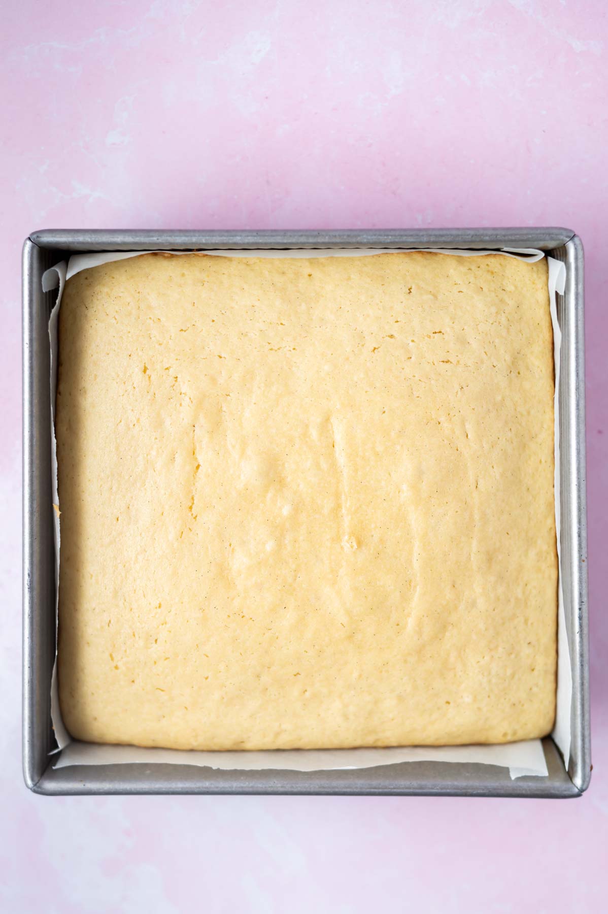 baked vanilla cake layer in parchment lined 8x8 pan