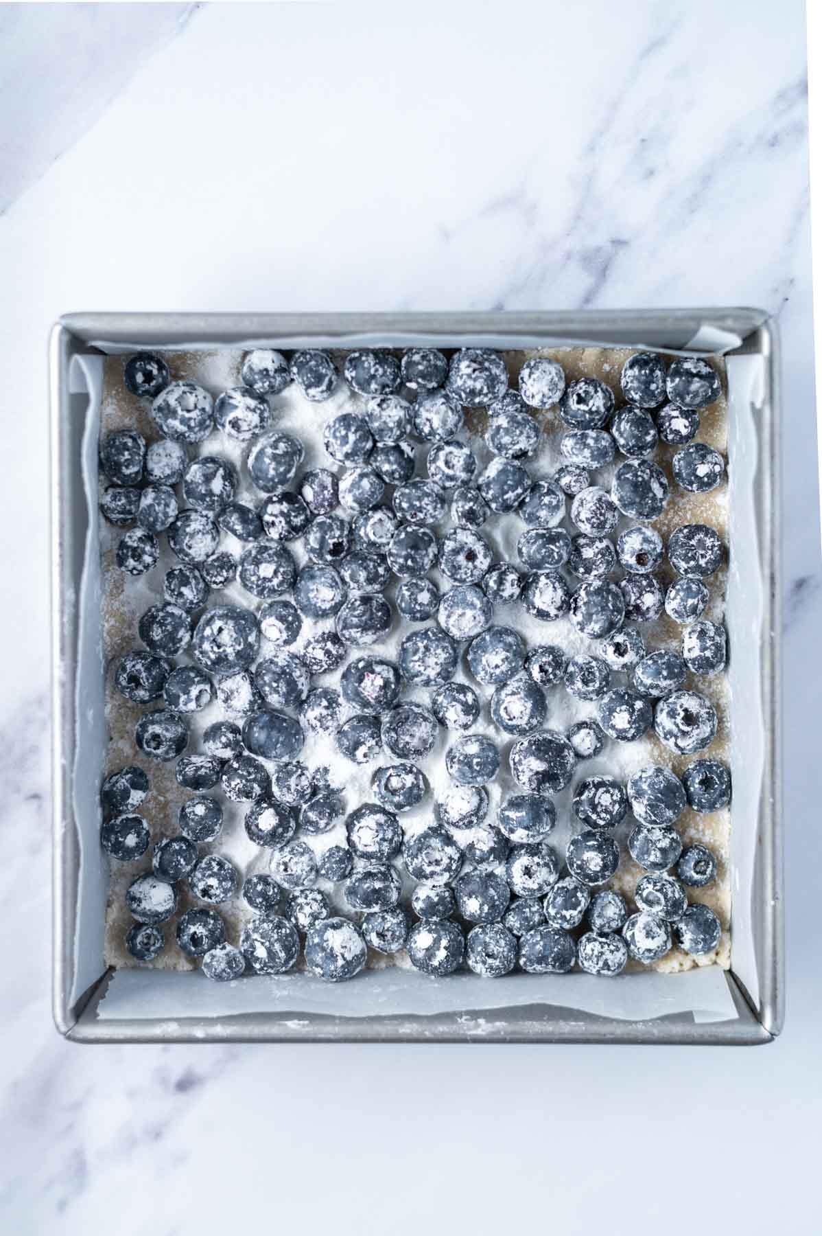 fresh blueberries and cornstarch added on top of shortbread layer