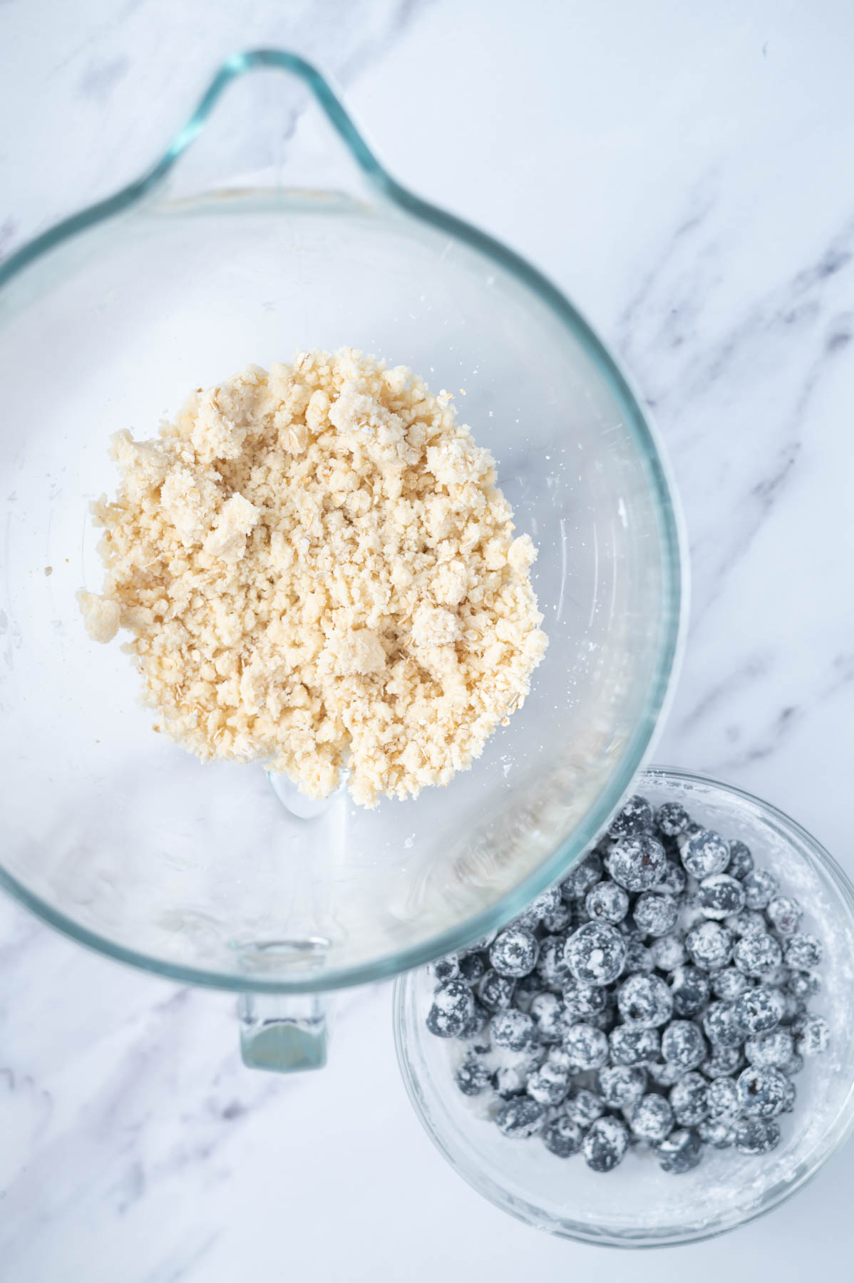 crumble topping and blueberries in bowls