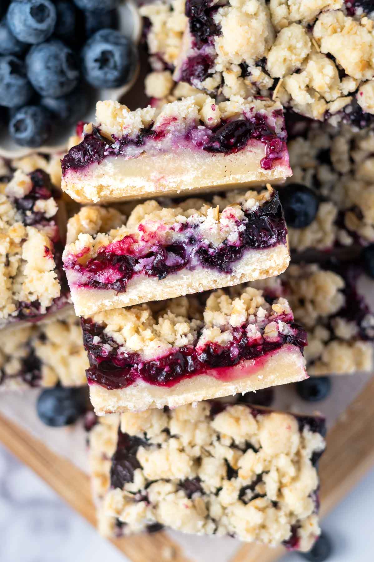 overhead look at the layers inside of blueberry crumble bars
