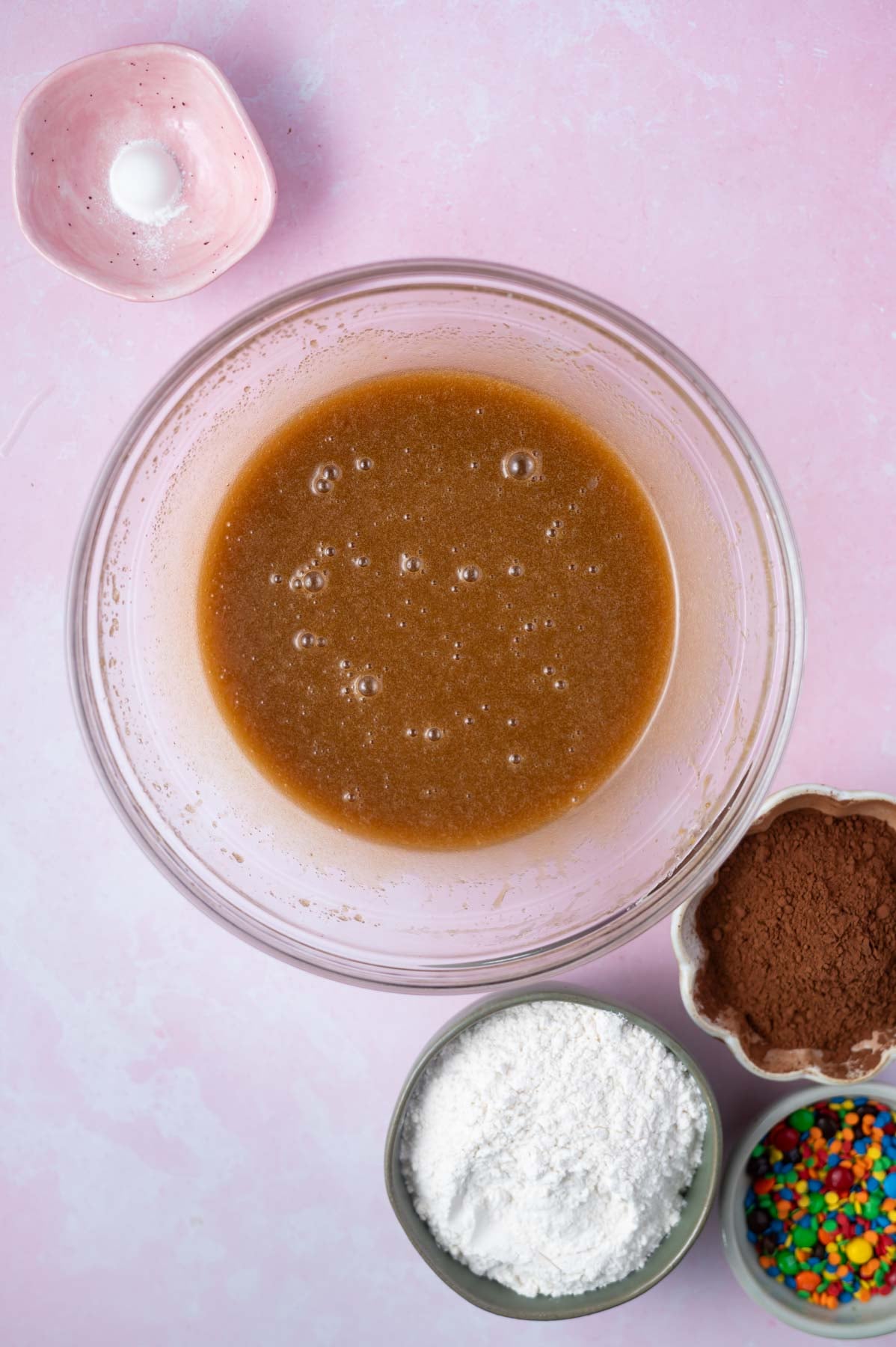 cookie dough after eggs and vanilla have been whisked into the bowl