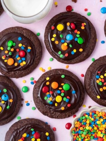 cosmic brownie cookies with milk and sprinkles