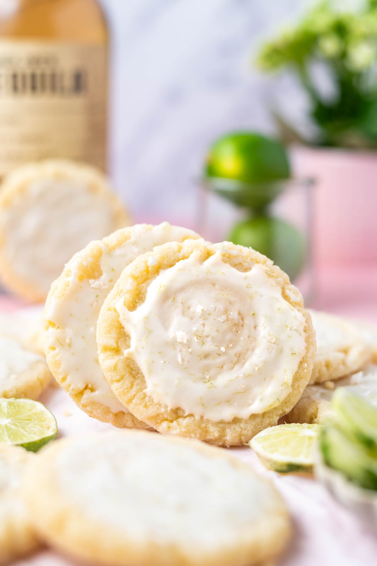 cookies leaning on each other with glaze and sea salt on top