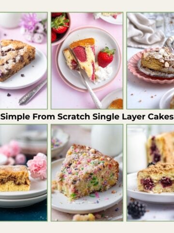 six photos of single layer cakes on plates