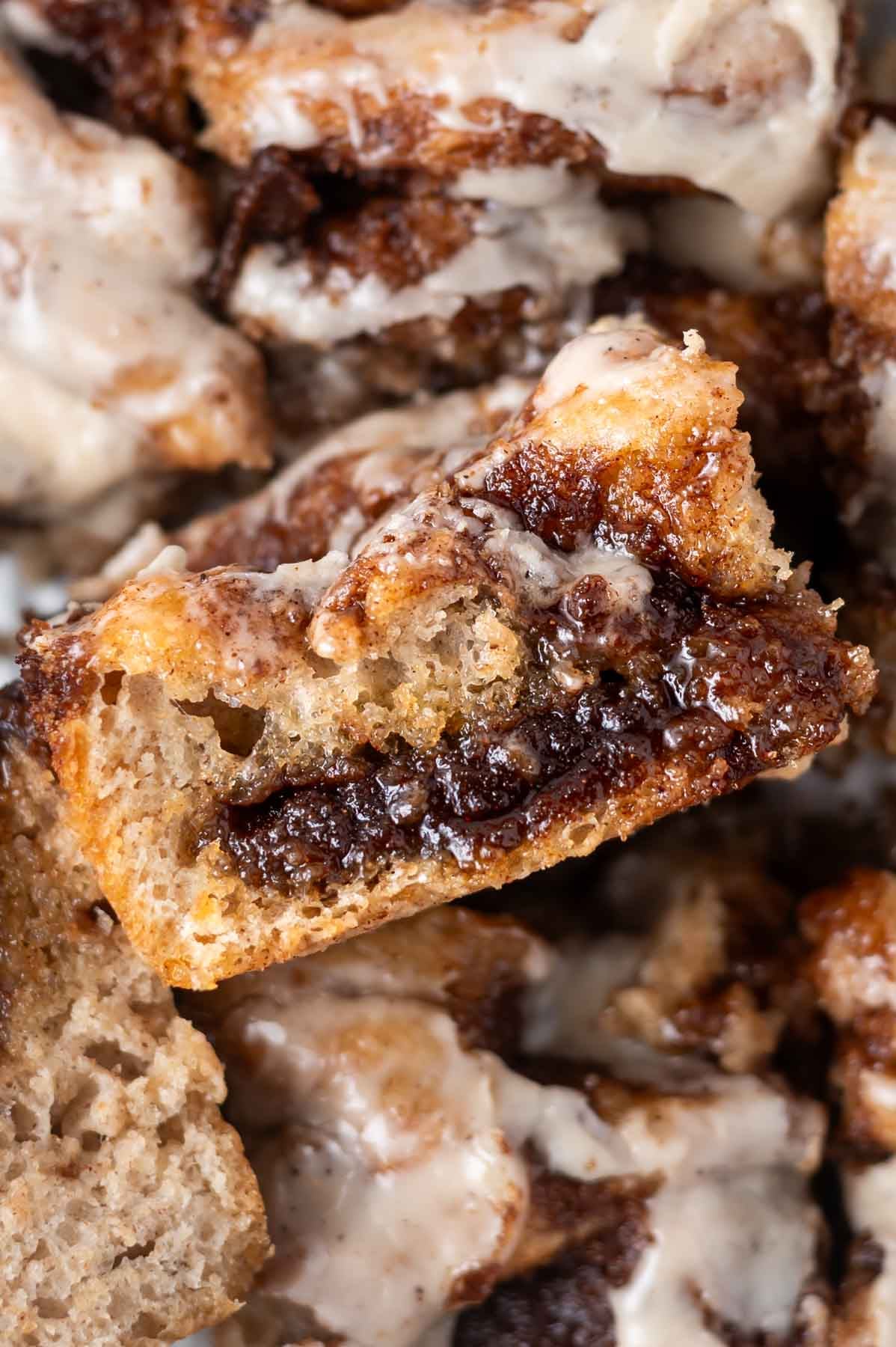 up close look at cinnamon filling in bread
