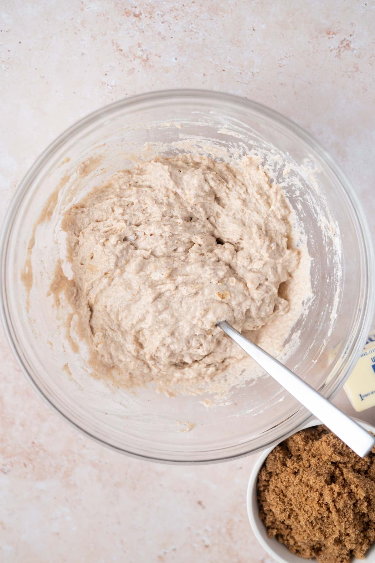 bread dough mixed in a bowl with a fork
