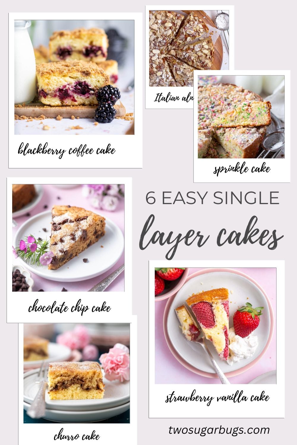 collage of photos of six single layer cakes