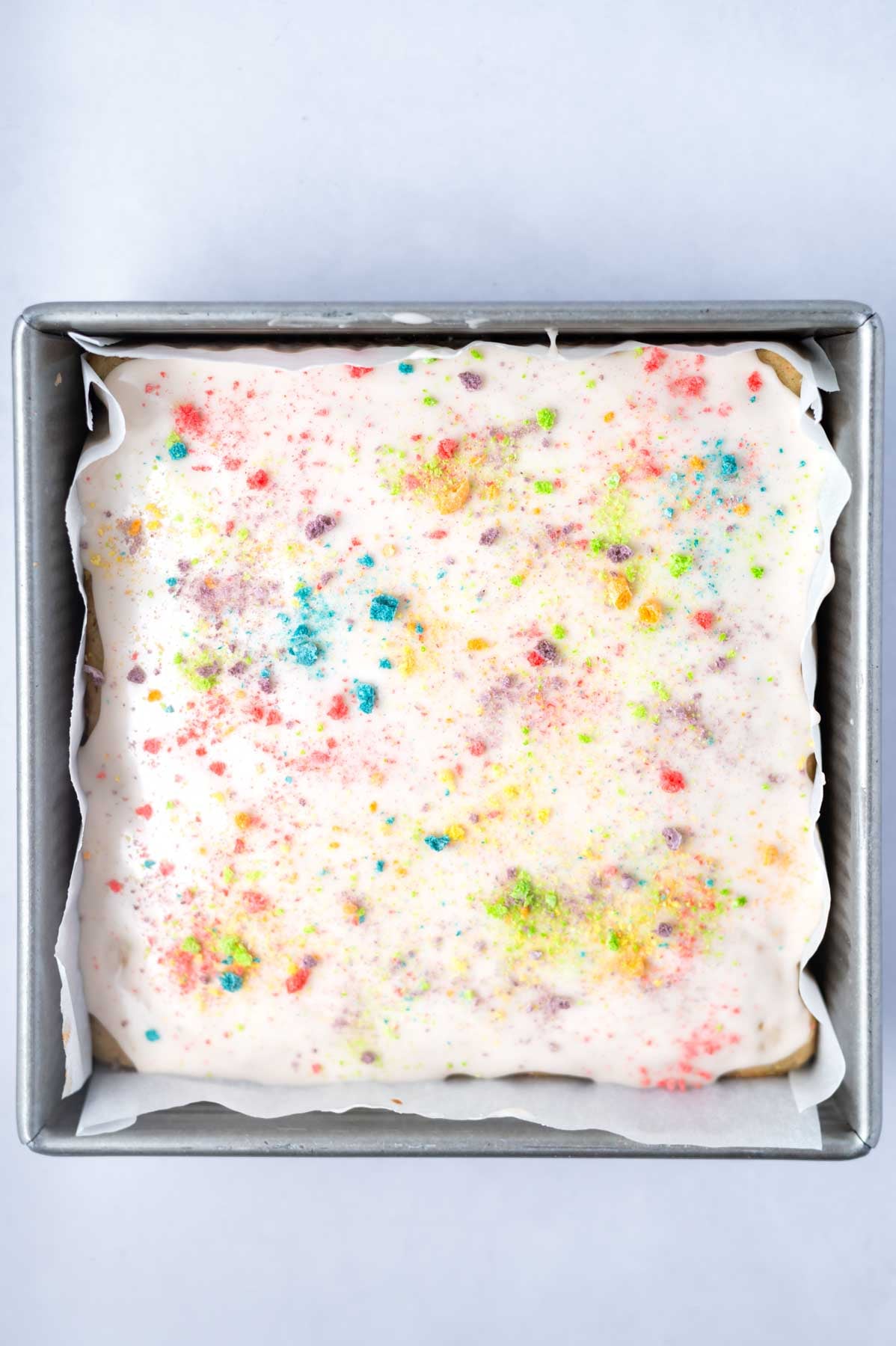 frosted cereal cake in an 8x8 pan