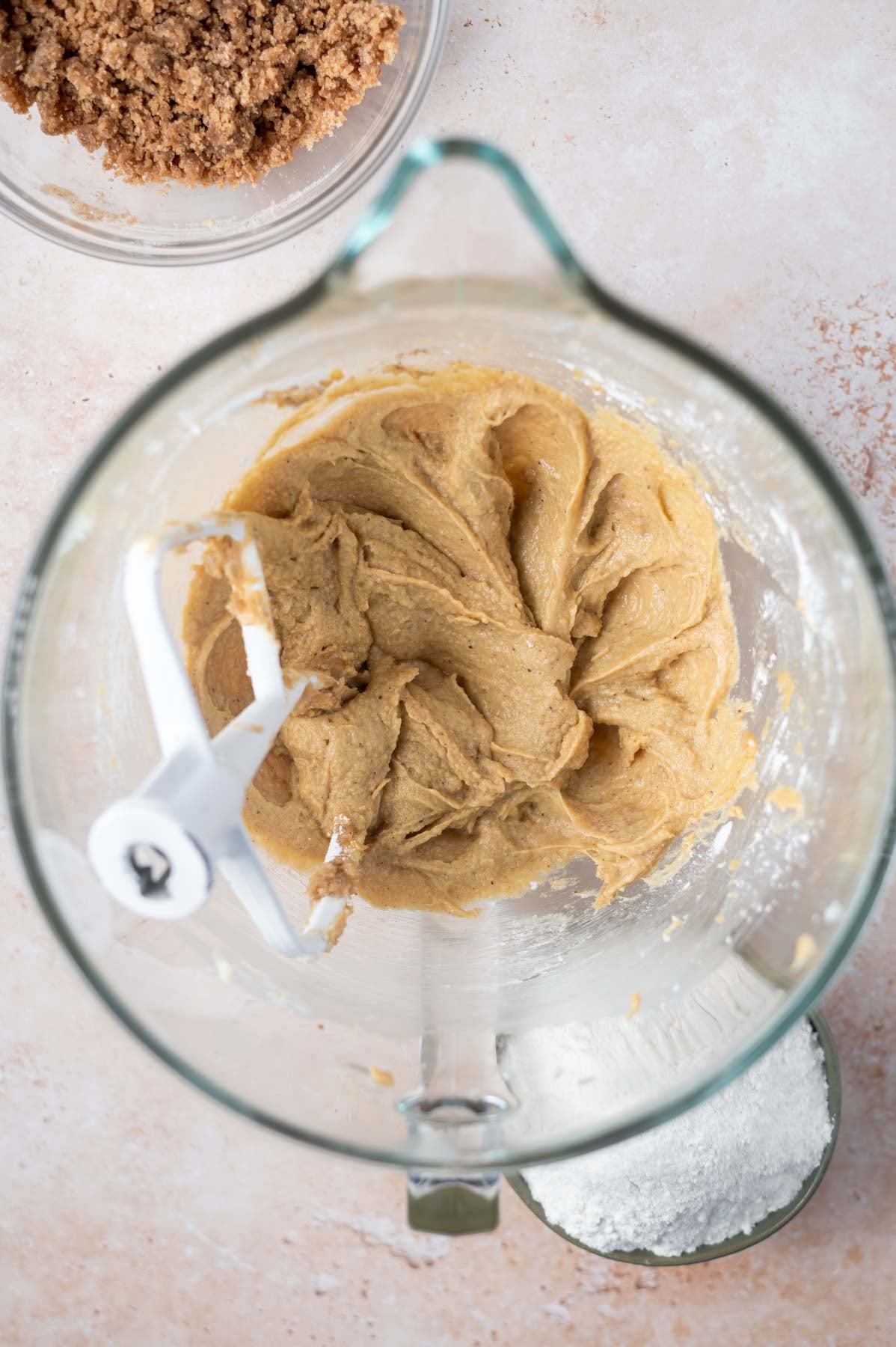 cookie dough in a mixing bowl before the flour is added