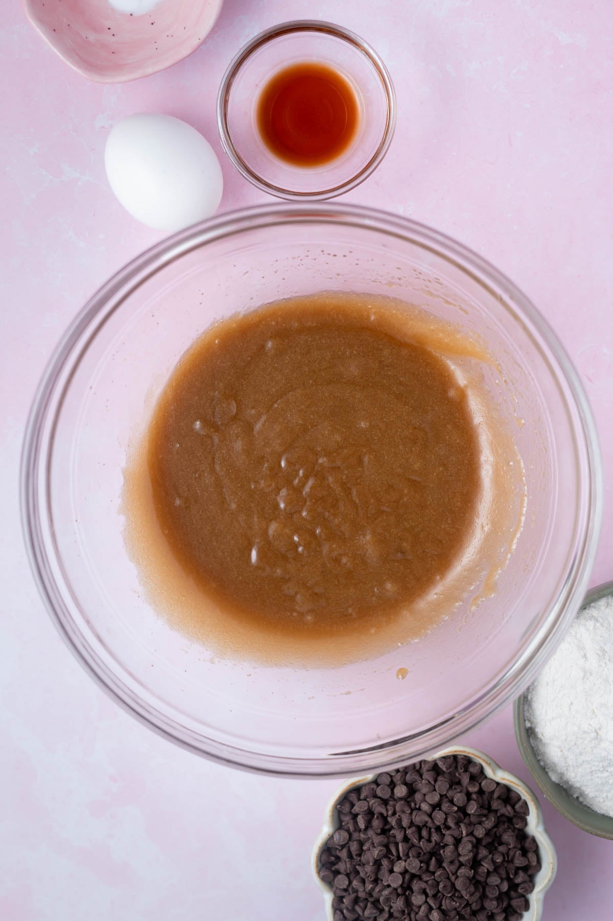 melted butter, salt and sugars mixed together in a glass bowl