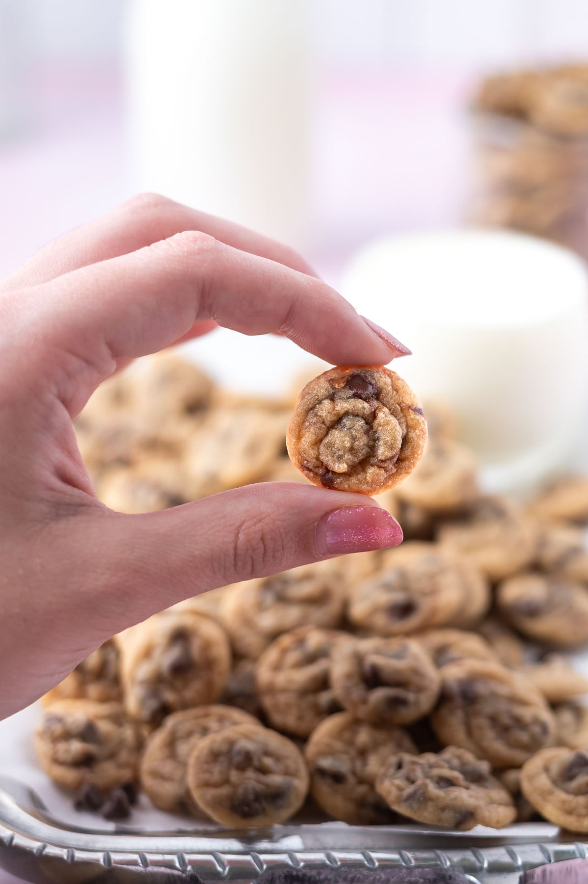 hand holding up one quarter size mini chocolate chip cookie