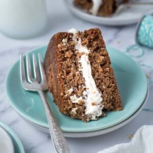 slice of oatmeal cream pie cake on a plate with a fork