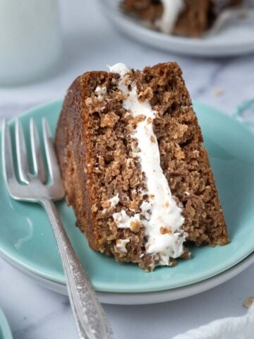 slice of oatmeal cream pie cake on a plate with a fork