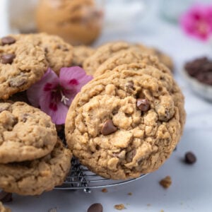 oatmeal peanut butter chocolate chip cookies on a round cooling rack with fresh pink flowers