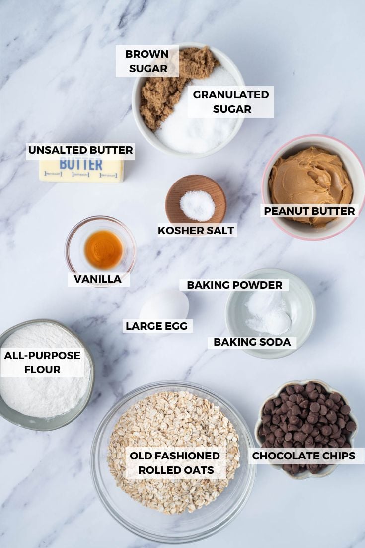 ingredients for oatmeal peanut butter chocolate chip cookies