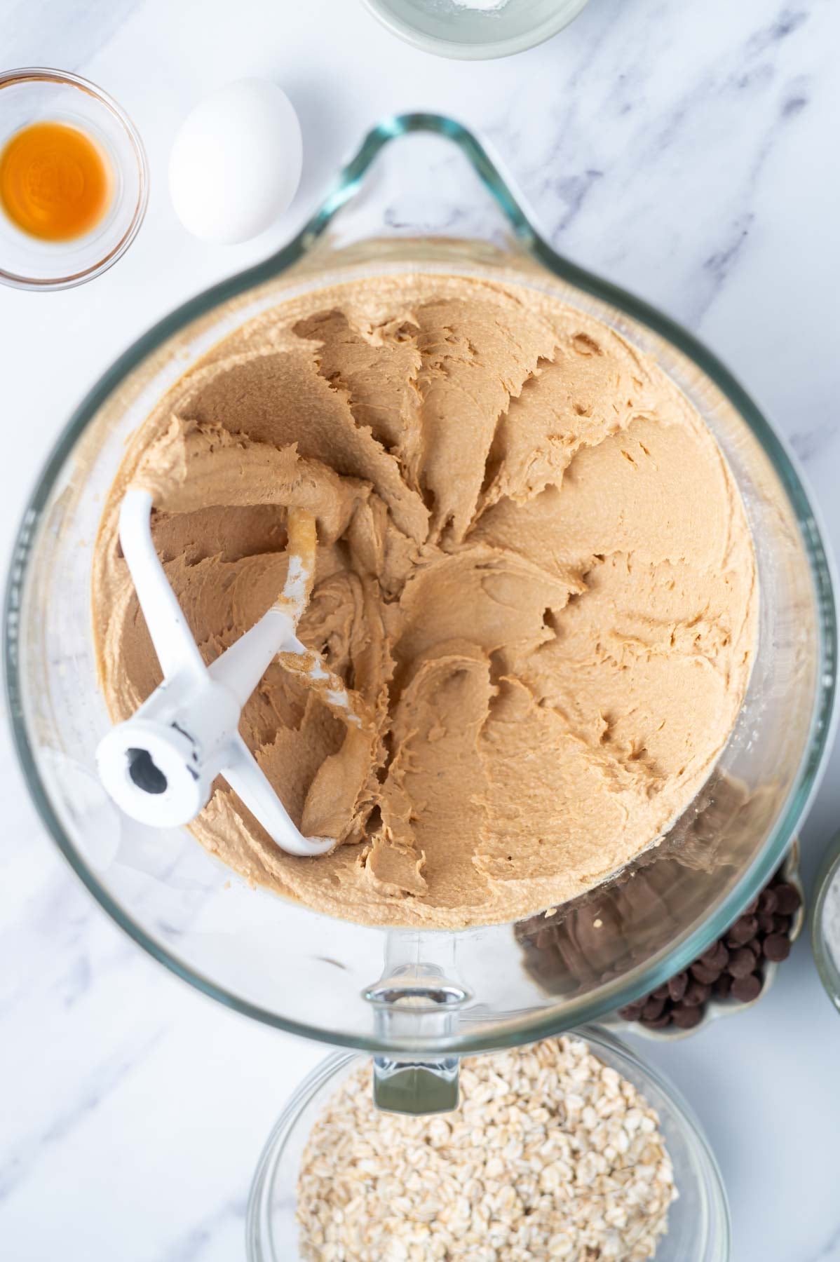 cookie dough after peanut butter has been creamed in