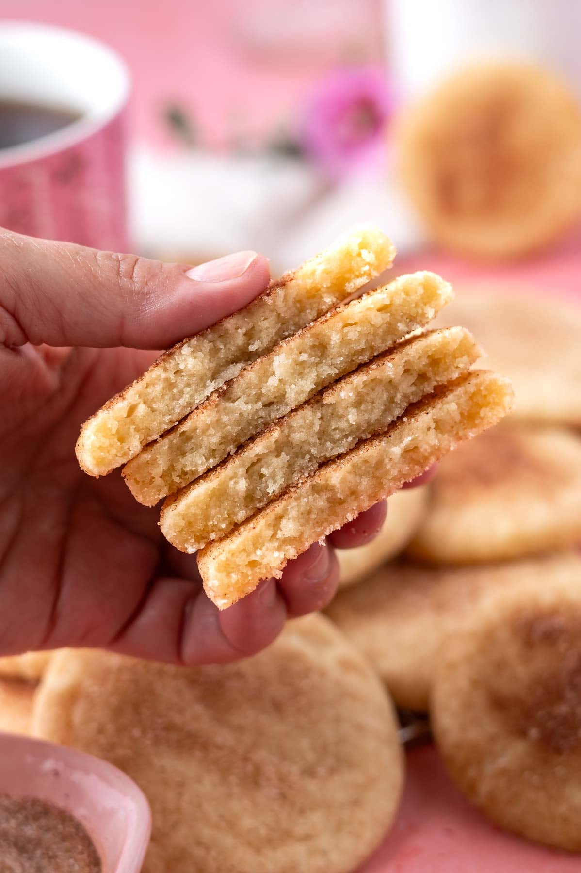 hand holding snickerdoodle cookies showing tender centers