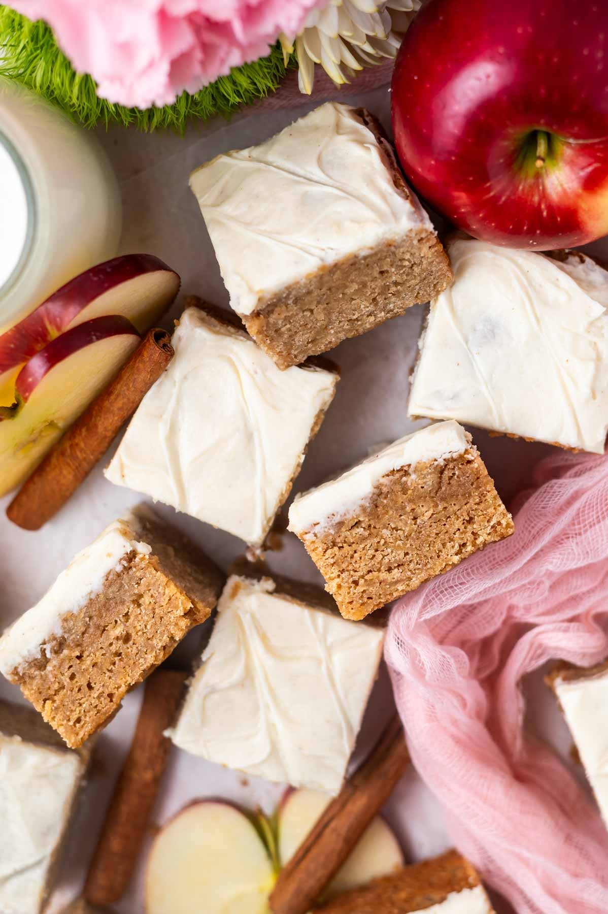 overhead look at blondies with brown butter cream cheese frosting