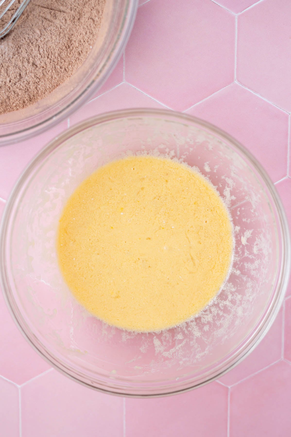 oil, eggs, vanilla and buttermilk whisked together in a glass bowl