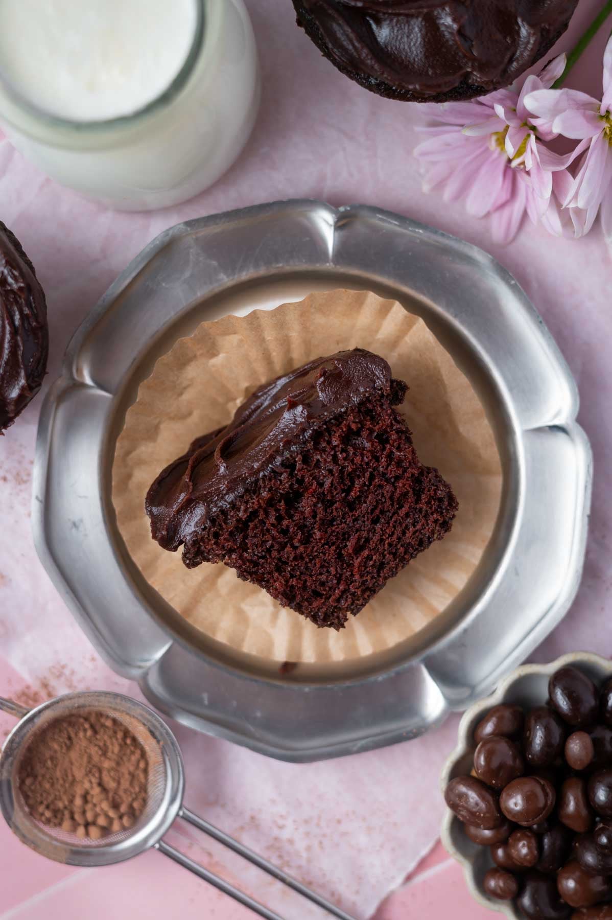 overhead look at cupcake on a plate showing soft inside texture