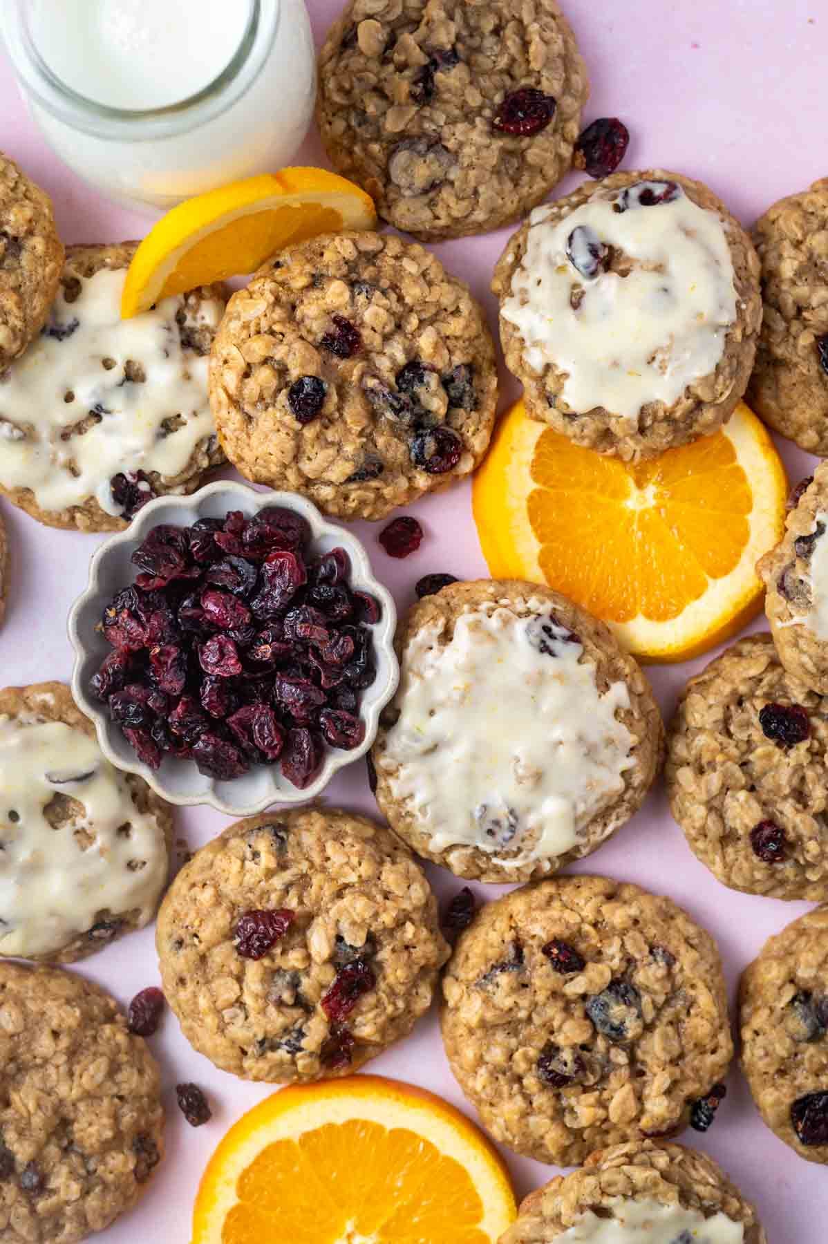 orange cranberry cookies with orange slices and dried cranberries