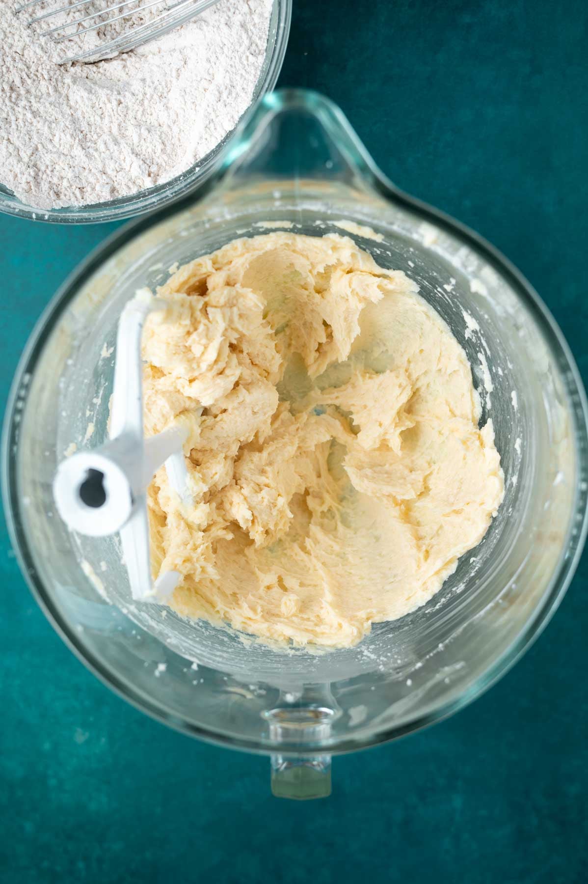 butter, sugar, eggs and vanilla beaten together in a mixing bowl