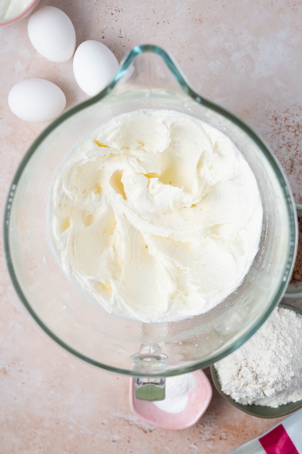 butter, sugar and oil beaten together in a glass mixing bowl