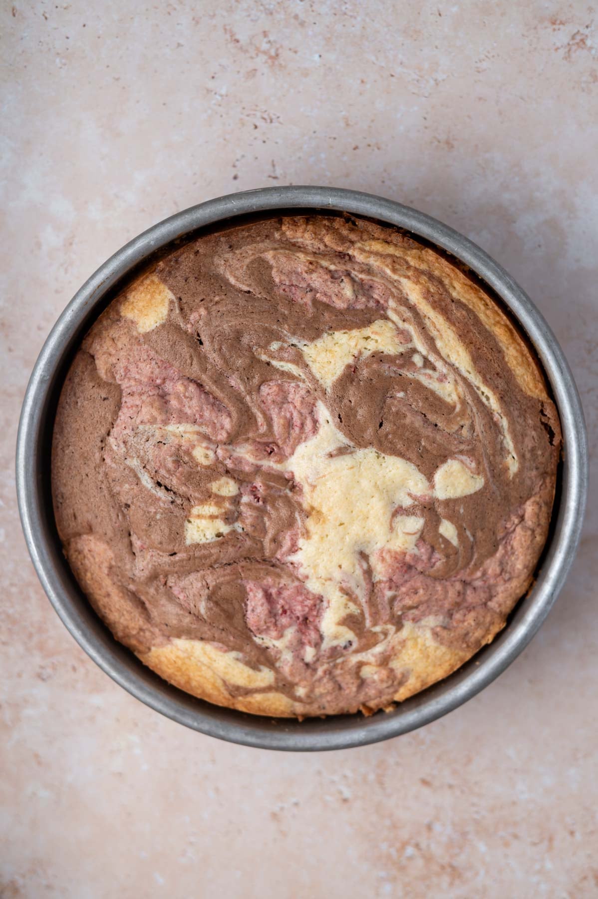 baked neapolitan cake in a cake pan