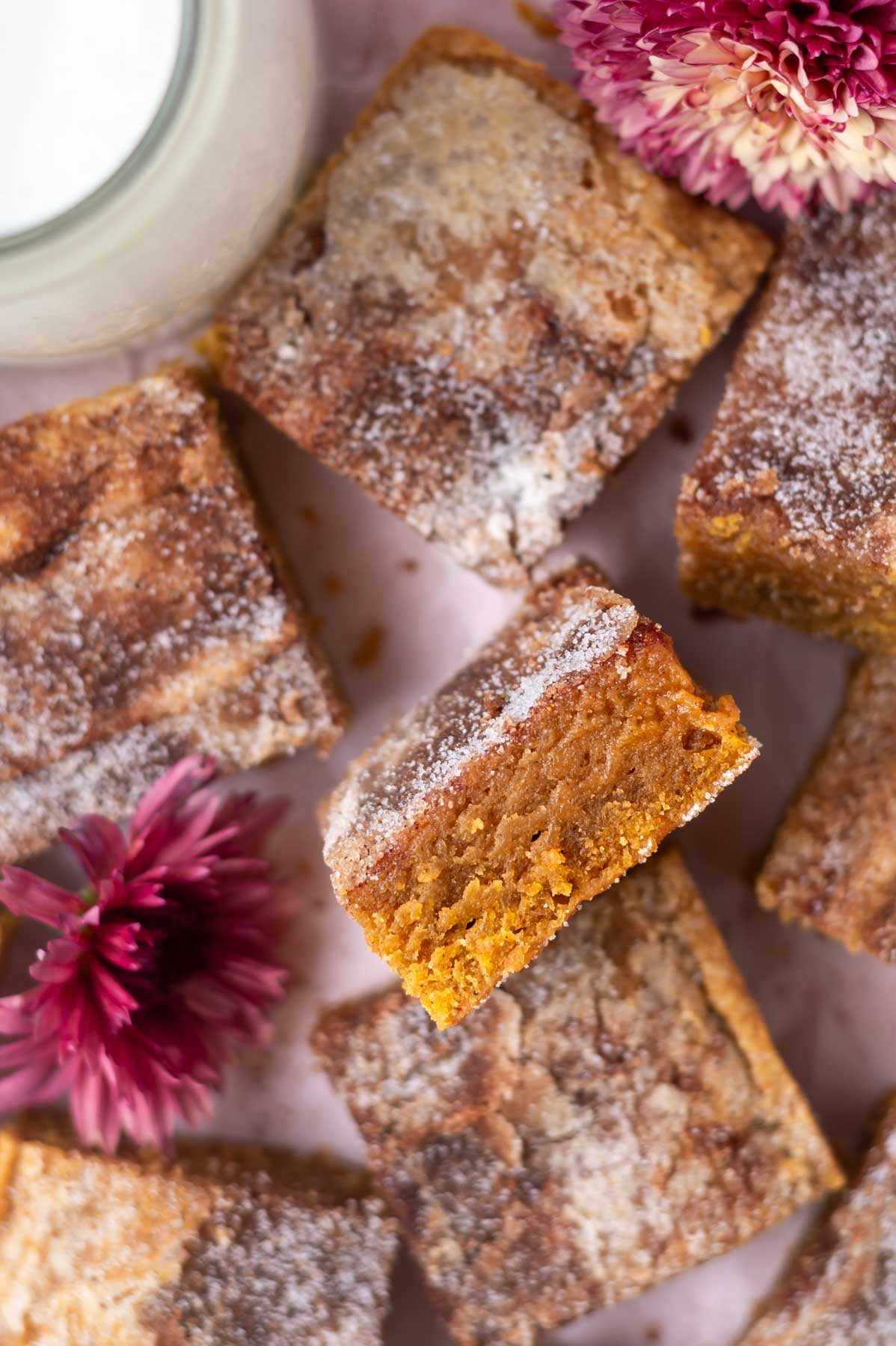 overhead look at the inside of a pumpkin blondie and the cinnamon sugar topping