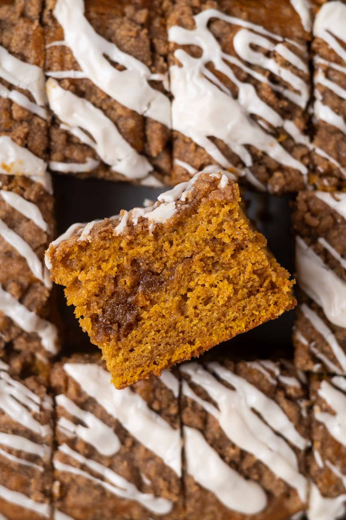 slice of pumpkin coffee cake on it's side showing the streusel filled middle